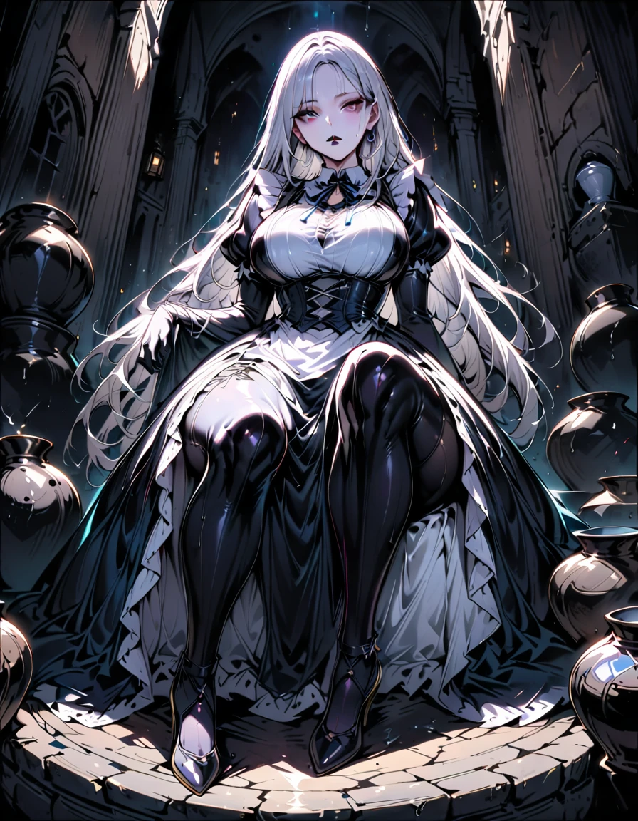 Young beautiful woman,(Highest quality,Extremely detailed depiction,Incredibly absurd high resolution,Anatomically accurate depiction,Curvy Legs,Shiny skin,Porcelain-like skin),(Black and white gothic maid outfit,Maid Skirt,corset,black tights,High heels),eyelash,(Silver Hair,Black Eyes,Eyes half closed:1.5,Boring look,Large Breasts,Glossy black lips:1.2,Heavy makeup,Pottery vaseを抱えて運んでいる:1.5),Sweat:0.8,(whole body),background:Bright corridor of the castle,Pottery vase,