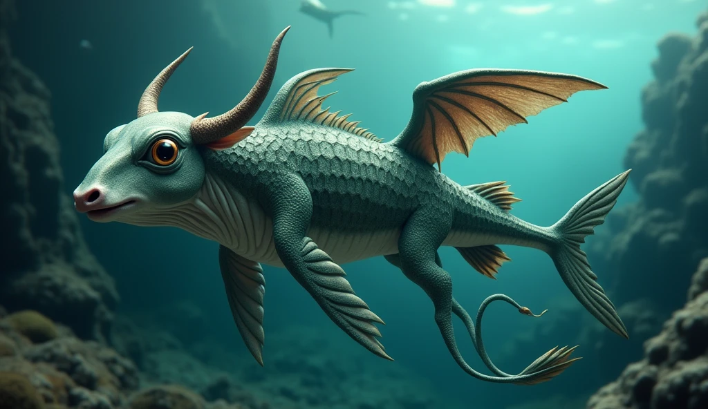 There is a creature growing underwater,It has the body of a fish, the head of a cow and the tail of a snake.,Wings growing from the ribs(best quality,4K,8k,High level,masterpiece:1.2),Ultra Detailed,(lifelike,Photo real,Photo real:1.37)