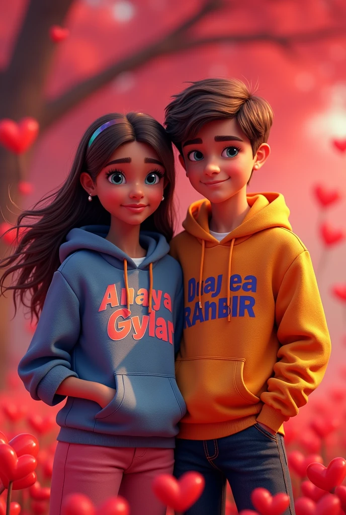 A captivating 3D Disney-inspired poster featuring the charming duo, Anaya and Ranbir, both dressed in stylish hoodies adorned with vibrant pop-art-inspired colors. Anaya has flowing brown hair, while Ranbir sports short brown hair and mesmerizing blue eyes. Their names are displayed in bold, playful letters, adding to the poster's energetic and lively atmosphere. The enchanting 3D render background showcases a field of floating hearts in a deep red hue, creating a cinematic and romantic ambiance that perfectly complements the lively personalities of the characters., cinematic, 3d render