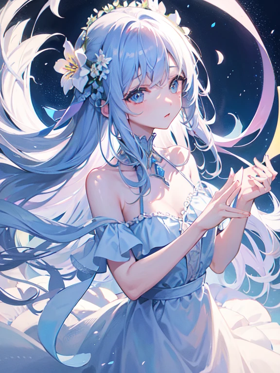 beautiful、ephemeral、Silver Marble Skin、hope、Highest quality、bright、masterpiece、landscape、Magical atmosphere、blue、crystal flower、Extend your hand to the sky、pastel colour