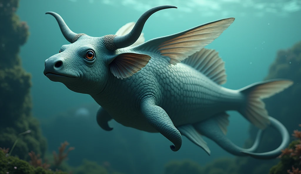 There is a creature growing underwater,It has the body of a fish, the head of a cow and the tail of a snake.,Wings growing from the ribs(best quality,4K,8k,High level,masterpiece:1.2),Ultra Detailed,(lifelike,Photo real,Photo real:1.37)