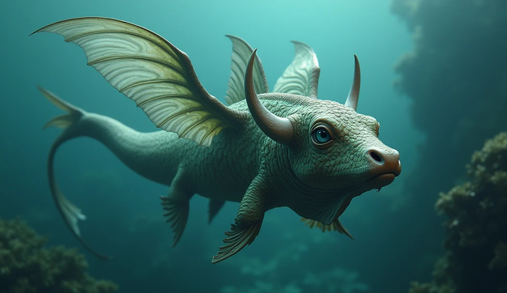There is a creature growing underwater，It has the body of a fish, the head of a cow and the tail of a snake.，Wings growing from the ribs（best quality，4K，8k，High level，masterpiece：1.2），Ultra Detailed，（lifelike，Photo real，Photo real：1.37）