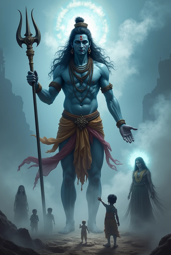 Happy smart shiv bhagwan, in one hand trishool, second hand showing to humans abd ghostsus hand, shiv bhagwan have only two hands and humans are very small humans are wanting to shiv bhagwan and with background ghost and shiv bhagwan is looking to humans