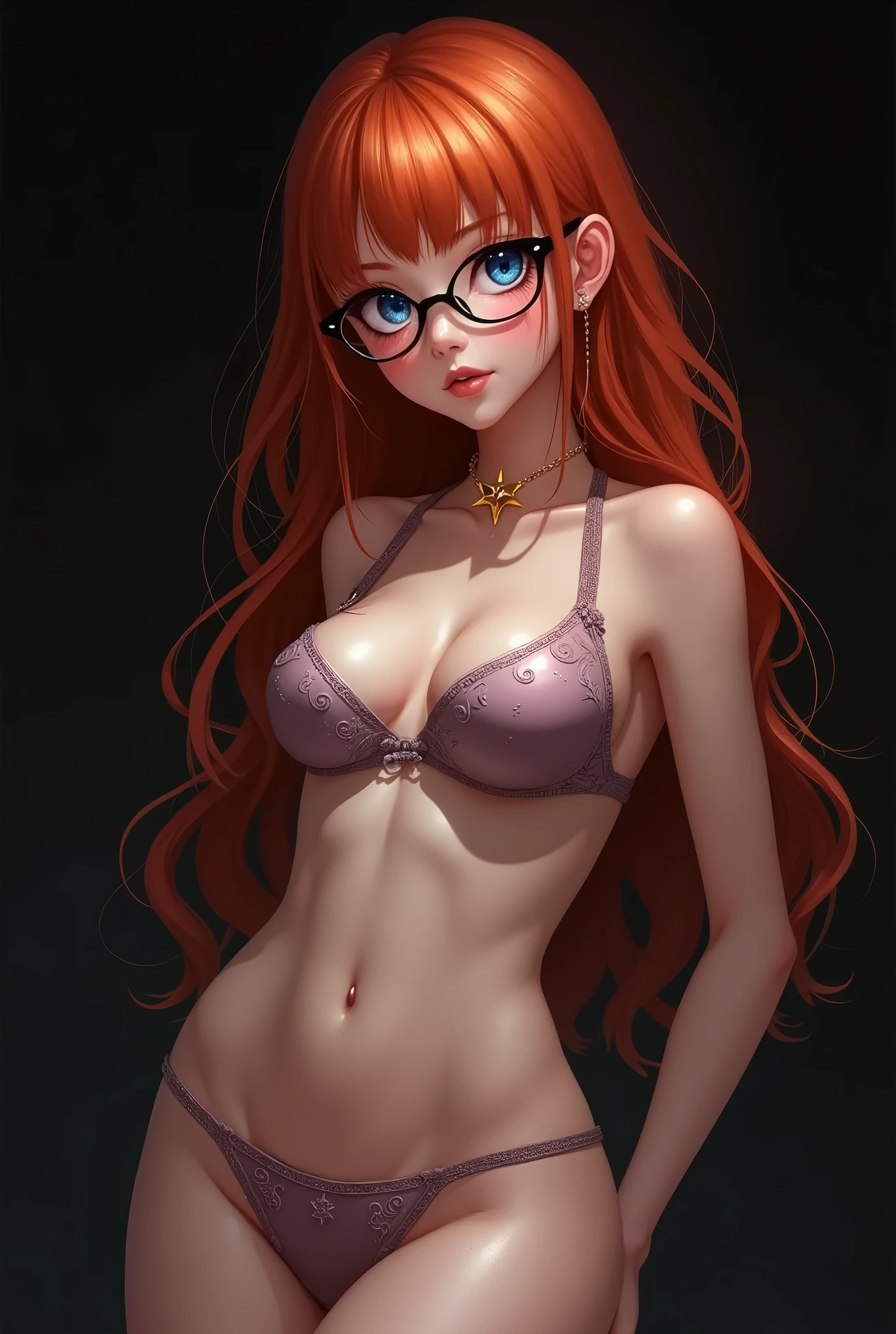 1 girl, wear glasses, star eye, blush, perfect lighting, Red hair, blue colored eyes, large hip, whole body, body detailed, bangss, shining skin, simple background, darkness background