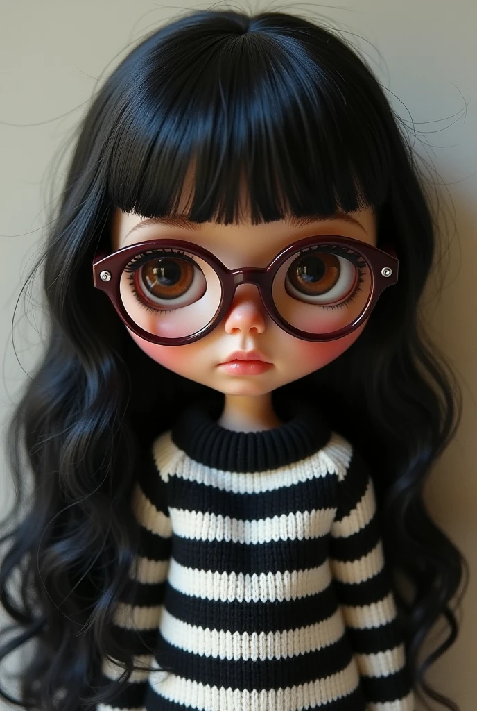 blythe doll , long wavy black hair , Brown eyes , brown skin   , maroon glasses , black and white striped sweater