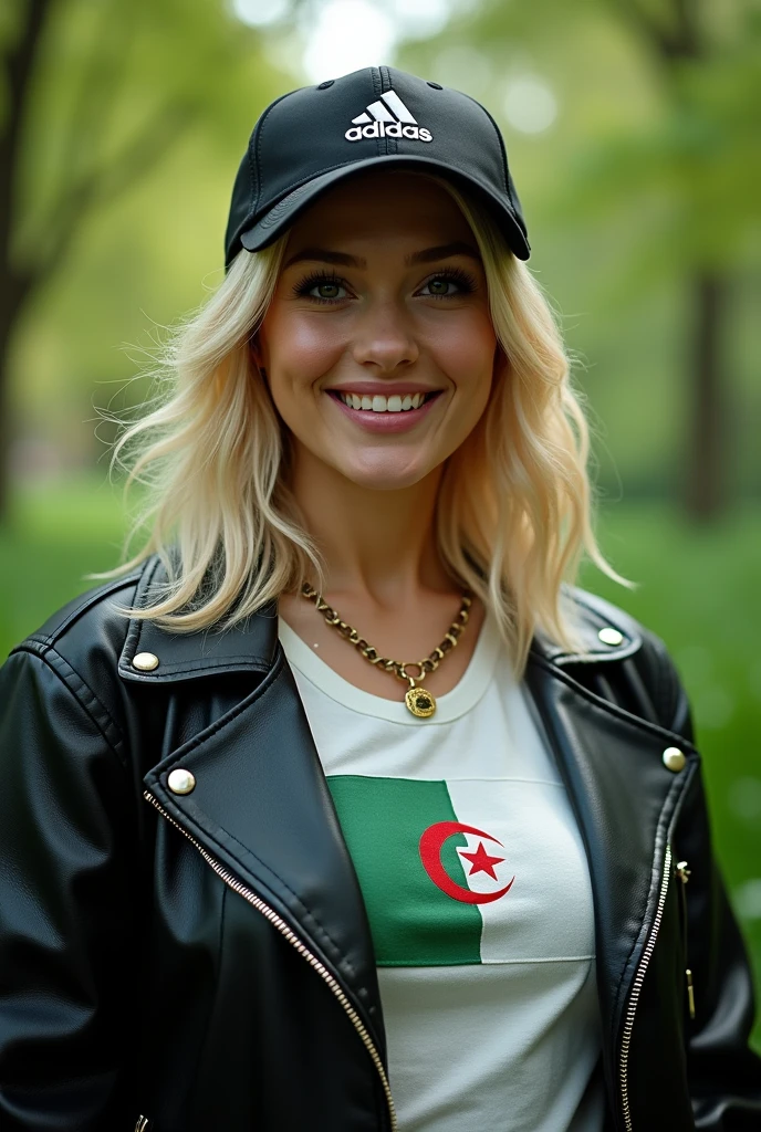 Close up, blonde, plump woman . Wearing a black leather coat, an Adidas hat, a T-shirt with the Algerian flag detailed and tailored in green and white, green nature background