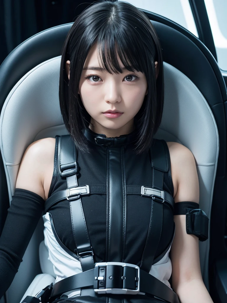 Japanese female android,Black Hair,Space capsule,I was completely strapped into a reclined seat with a thick harness, so I couldn&#39;t move.,Plump,Open your legs,Squat,Shiny white robot suit,Surrounded by switches and monitors,