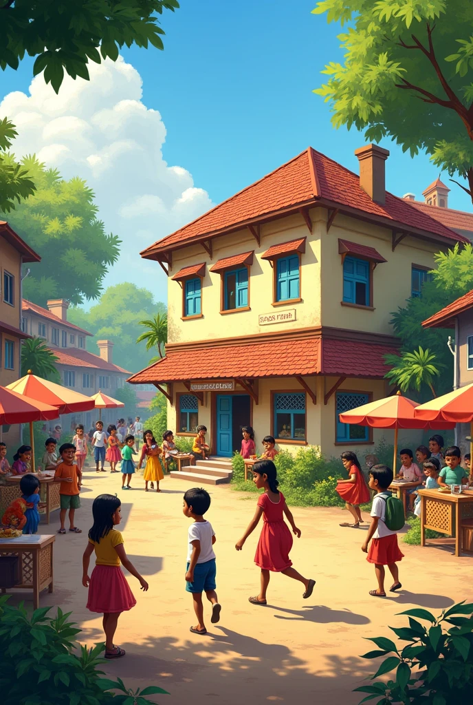 : A quaint school in a bustling Indian town. The school grounds are filled with together boy and girl the laughter of children and the aroma of street food from nearby stalls.