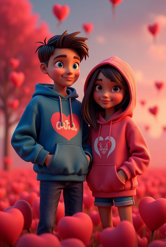 A captivating 3D Disney-inspired poster featuring the charming duo, Anaya and Ranbir, both dressed in stylish hoodies adorned with vibrant pop-art-inspired colors. Anaya has flowing brown hair, while Ranbir sports short brown hair and mesmerizing blue eyes. Their names are displayed in bold, playful letters, adding to the poster's energetic and lively atmosphere. The enchanting 3D render background showcases a field of floating hearts in a deep red hue, creating a cinematic and romantic ambiance that perfectly complements the lively personalities of the characters., cinematic, 3d render