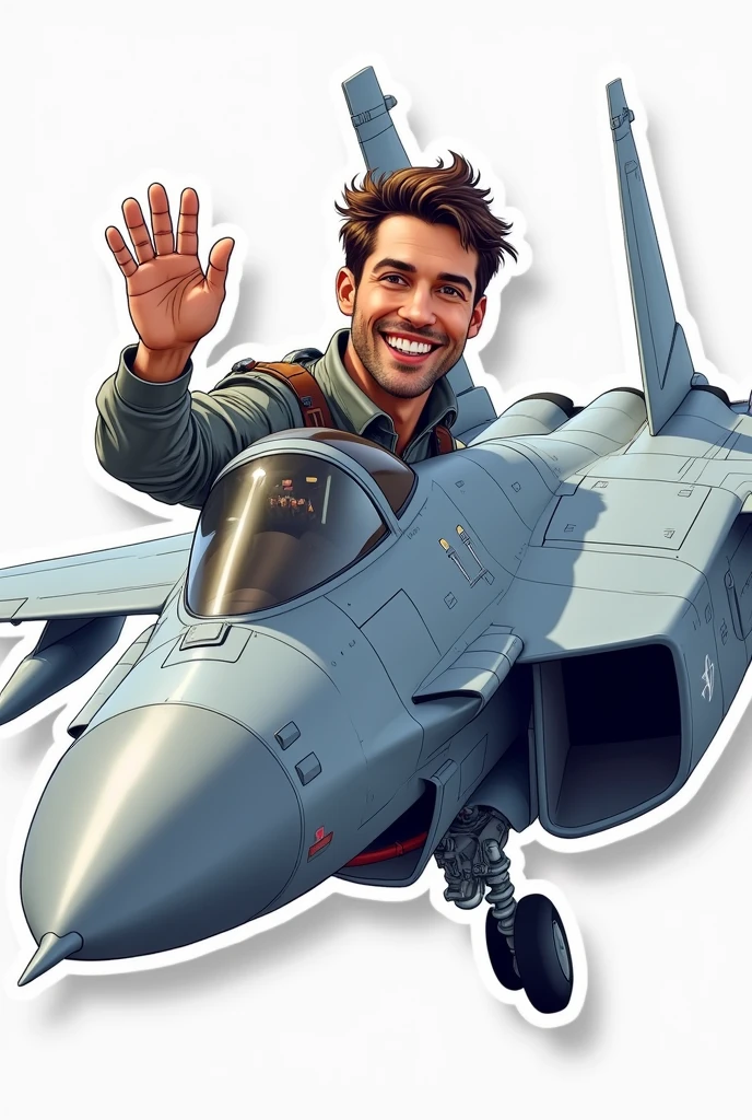 Create a vector sticker image of airplane with a pilot head seen outside waving happily side view fighterpilot is a guy realistic fighter jet with drops