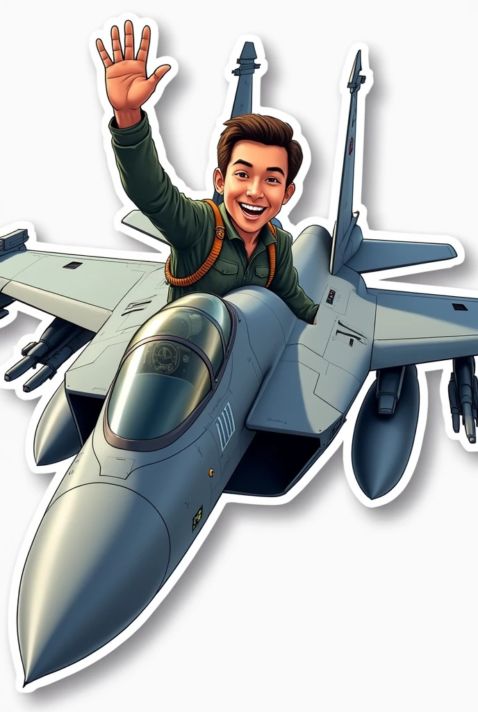 Create a vector sticker image of airplane with a pilot head seen outside waving happily side view  fighterpilot is a guy realistic fighter jet with drops