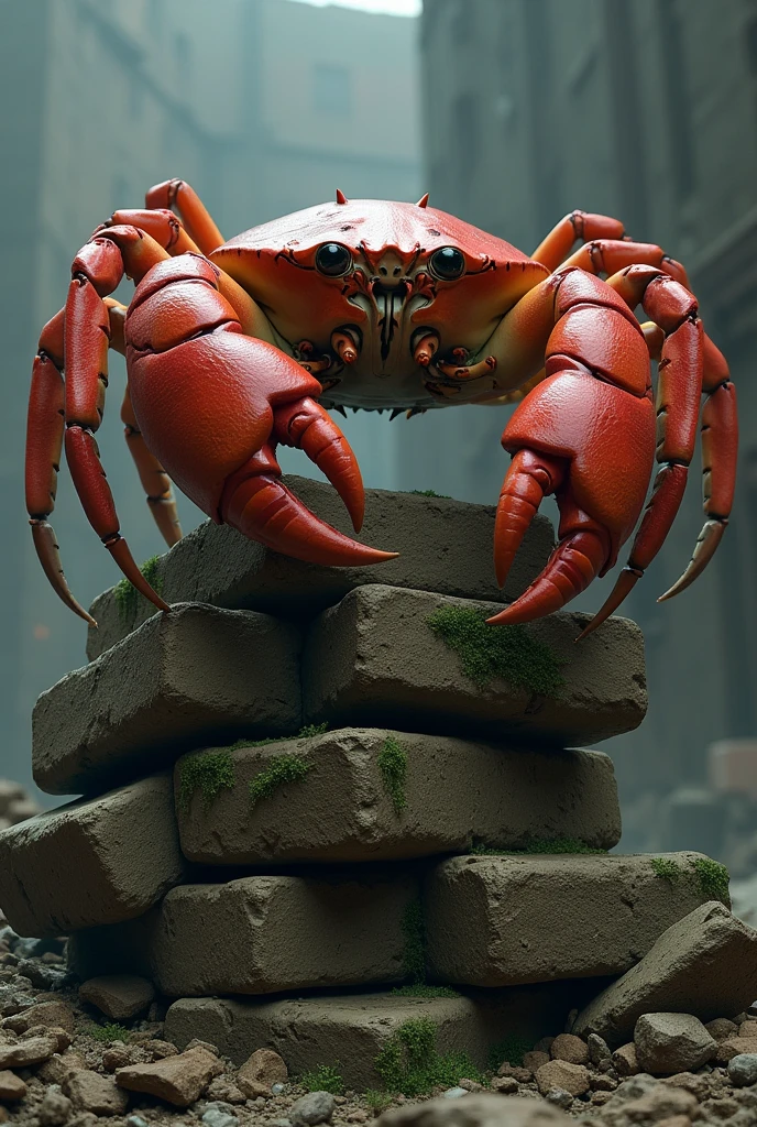 Draw me a picture of a king crab crawling on a pile of bricks.