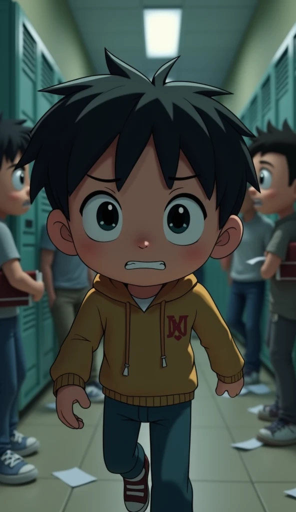 A close-up of Leo with straight hair walking down the hallway, a group of older boys suddenly appears behind him, sneering and whispering. One of them sticks out a foot, and Leo trips, dropping his books. The bullies snicker as Leo scrambles to pick them up, his face red with embarrassment and frustration. His hands are trembling slightly, and his glasses are askew on his face.ultra animated and 3d