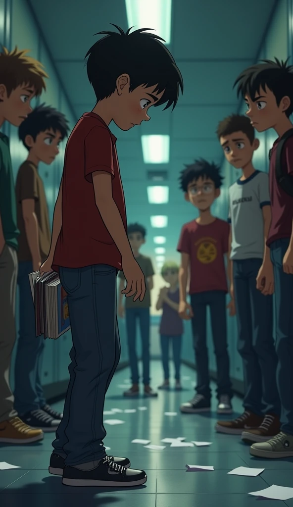 A close-up of Leo with straight hair walking down the hallway, a group of older boys suddenly appears behind him, sneering and whispering. One of them sticks out a foot, and Leo trips, dropping his books. The bullies snicker as Leo scrambles to pick them up, his face red with embarrassment and frustration. His hands are trembling slightly, and his glasses are askew on his face.ultra animated and 3d