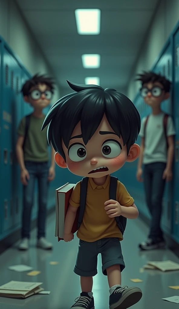 A close-up of Leo with straight hair walking down the hallway, a group of older boys suddenly appears behind him, sneering and whispering. One of them sticks out a foot, and Leo trips, dropping his books. The bullies snicker as Leo scrambles to pick them up, his face red with embarrassment and frustration. His hands are trembling slightly, and his glasses are askew on his face.ultra animated and 3d