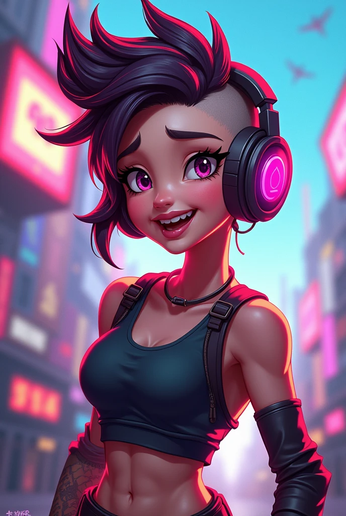 Gamer girl with hair up and shaved on the sides cartoon