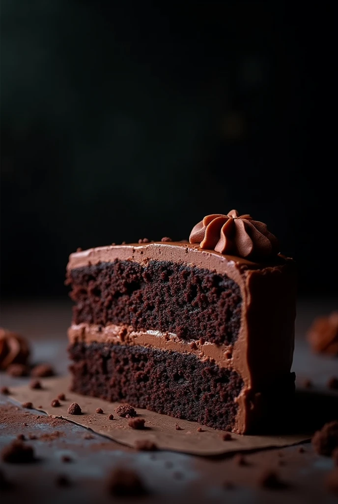 cinematic film still chocolate, chocolate cake, dark background, quality photo, moist texture, frosting, studio photo, slice . shallow depth of field, vignette, highly detailed, high budget, bokeh, cinemascope, moody, epic, gorgeous, film grain, grainy