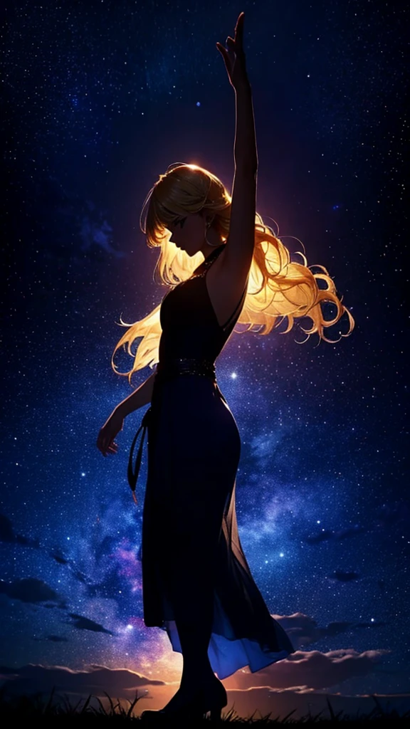 starry sky，dance，woman１people，silhouette，blonde， dress，blonde long hair，