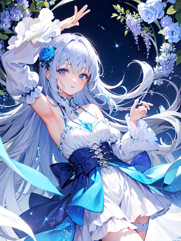 beautiful、ephemeral、Silver Marble Skin、hope、Highest quality、bright、masterpiece、landscape、Magical atmosphere、blue、crystal flower、Extend your hand to the sky、pastel colour