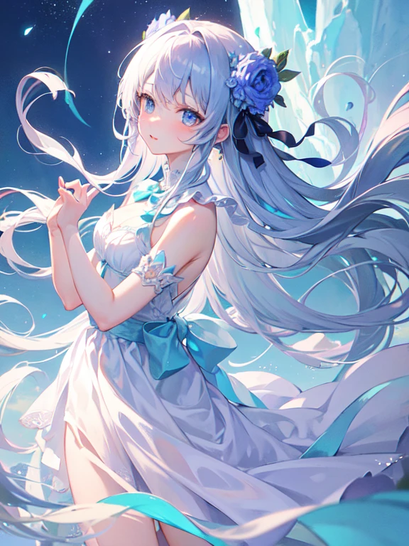 beautiful、ephemeral、Silver Marble Skin、hope、Highest quality、bright、masterpiece、landscape、Magical atmosphere、blue、crystal flower、Extend your hand to the sky、pastel colour