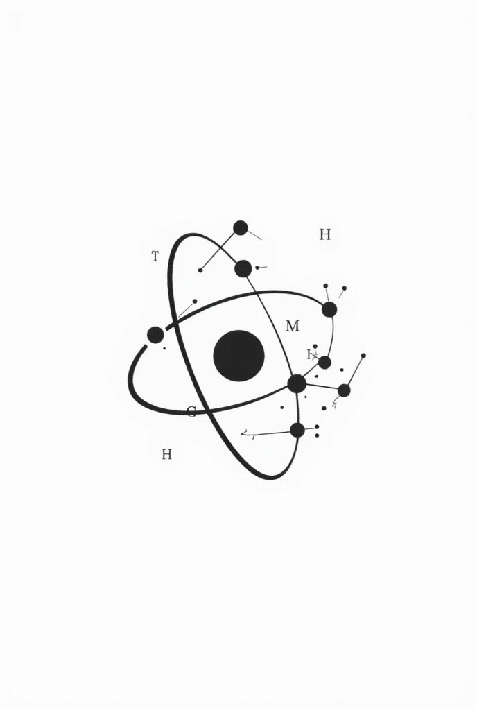 Black and white png image, Dirac's formula outlined with an atom symbol, the DNA , with organic chemistry of dopamine and serotonin
