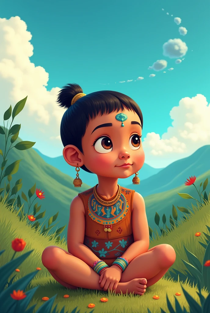 Indigenous child, Beautiful landscape, thinking in numbers, 2d