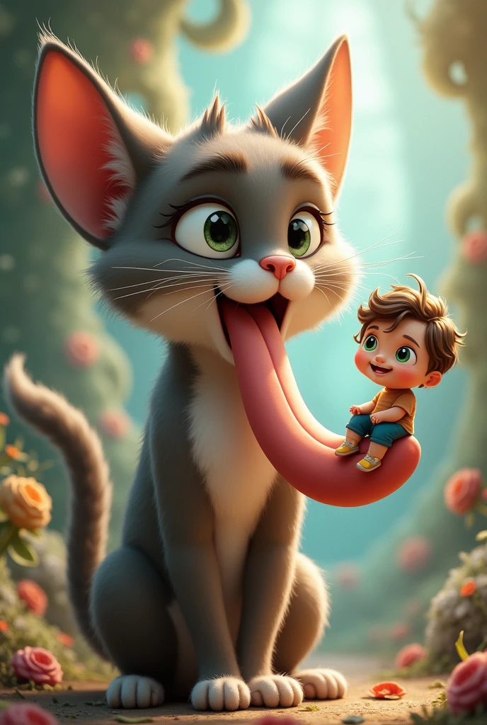 A furry ager cat with a kid sitting on his tongue