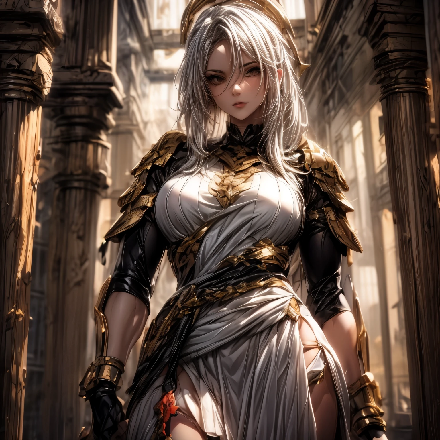 (best quality)), ((Masterpiece)), (details:1.4), 3d, HDR (high dynamic range), an image of a beautiful cyberpunk female, fantasy, medieval, Cyberpunk, Sleek style, pink hair, High ponytail, Beautiful White eyes, จมูกโด่ง, ปากแดง, หน้าอกใหญ่, nvidia RTX, PBR surface, After processing, Anisotropic filtration,depth of field, Maximum clarity and clarity, multi-layered surface, Subsurface scattering, perfect proportions, 8K raw files, ultra detailed, Perfect proportions, volumetric lighting, soft lighting, Holy Paldin, Heavy Golden Armor, White dress, intricate Silver embroidery, glossy skin, Bed room Background, jewely, ต่างหู, mini white skirt, armor grove