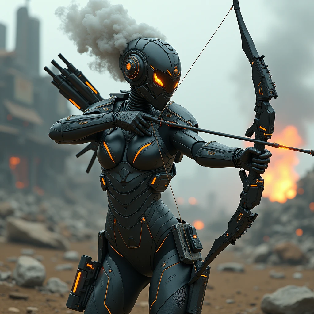 A full protective helmet mask made of smoke and flames, and futuristic high-tech battle armor，Sci-fi female interstellar archer，High-tech science fiction magical weapons，Tactical equipment，Shooting stance，Battlefield environment，Art Photography