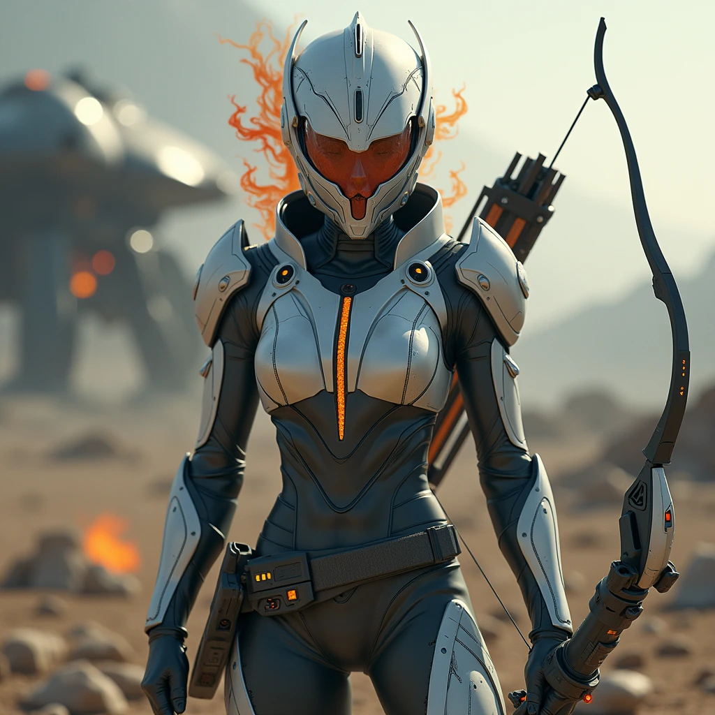 A full protective helmet mask made of smoke and flames, and futuristic high-tech battle armor,Sci-fi female interstellar archer,High-tech science fiction magical weapons,Tactical equipment,Shooting stance,Battlefield environment,Art Photography