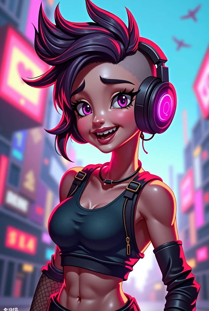 Gamer girl with hair up and shaved on the sides cartoon