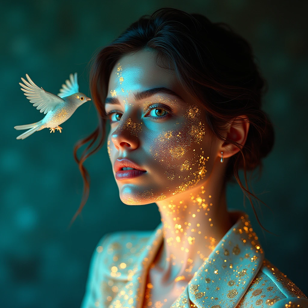 Hologram of a woman and a bird mixed together, Stylish aesthetics, crazy woman, Model is watching the viewer, Gucci Colors, Extremely detailed, Movie, Movie Stills, Practical, 35 mm, 1.四 f, 8K