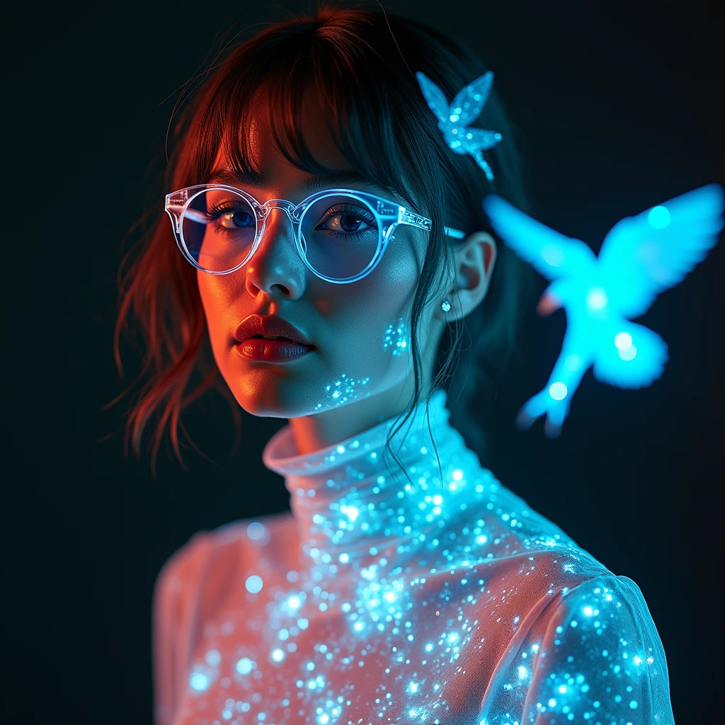 Hologram of a woman and a bird mixed together, Stylish aesthetics, crazy woman, Model is watching the viewer, Gucci Colors, Extremely detailed, Movie, Movie Stills, Practical, 35 mm, 1.四 f, 8K