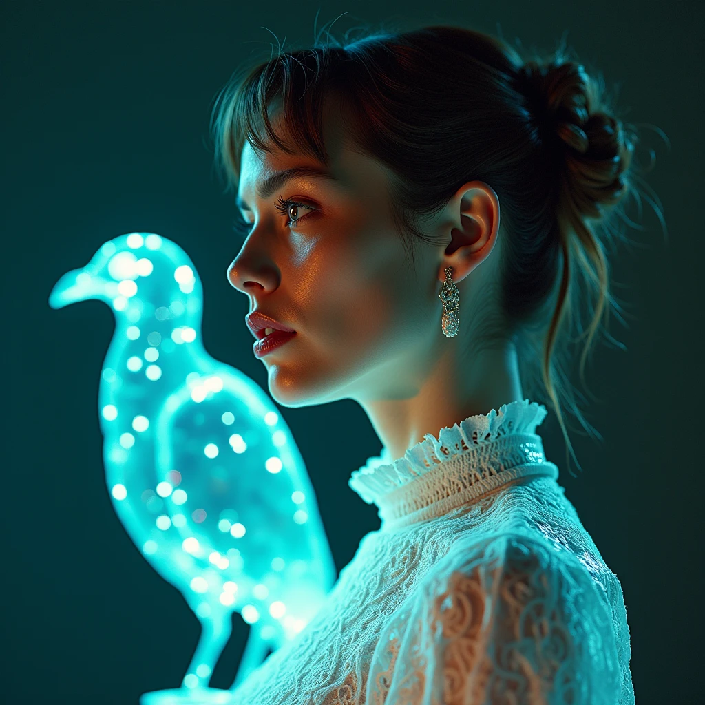 Hologram of a woman and a bird mixed together, Stylish aesthetics, crazy woman, Model is watching the viewer, Gucci Colors, Extremely detailed, Movie, Movie Stills, Practical, 35 mm, 1.四 f, 8K