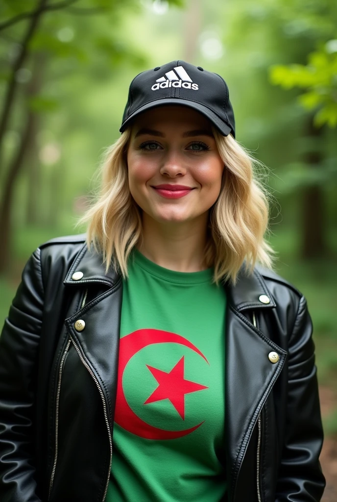 Close up, blonde, plump woman . Wearing a black leather coat, an Adidas hat, a T-shirt with the Algerian flag detailed and tailored in green and white, green nature background
