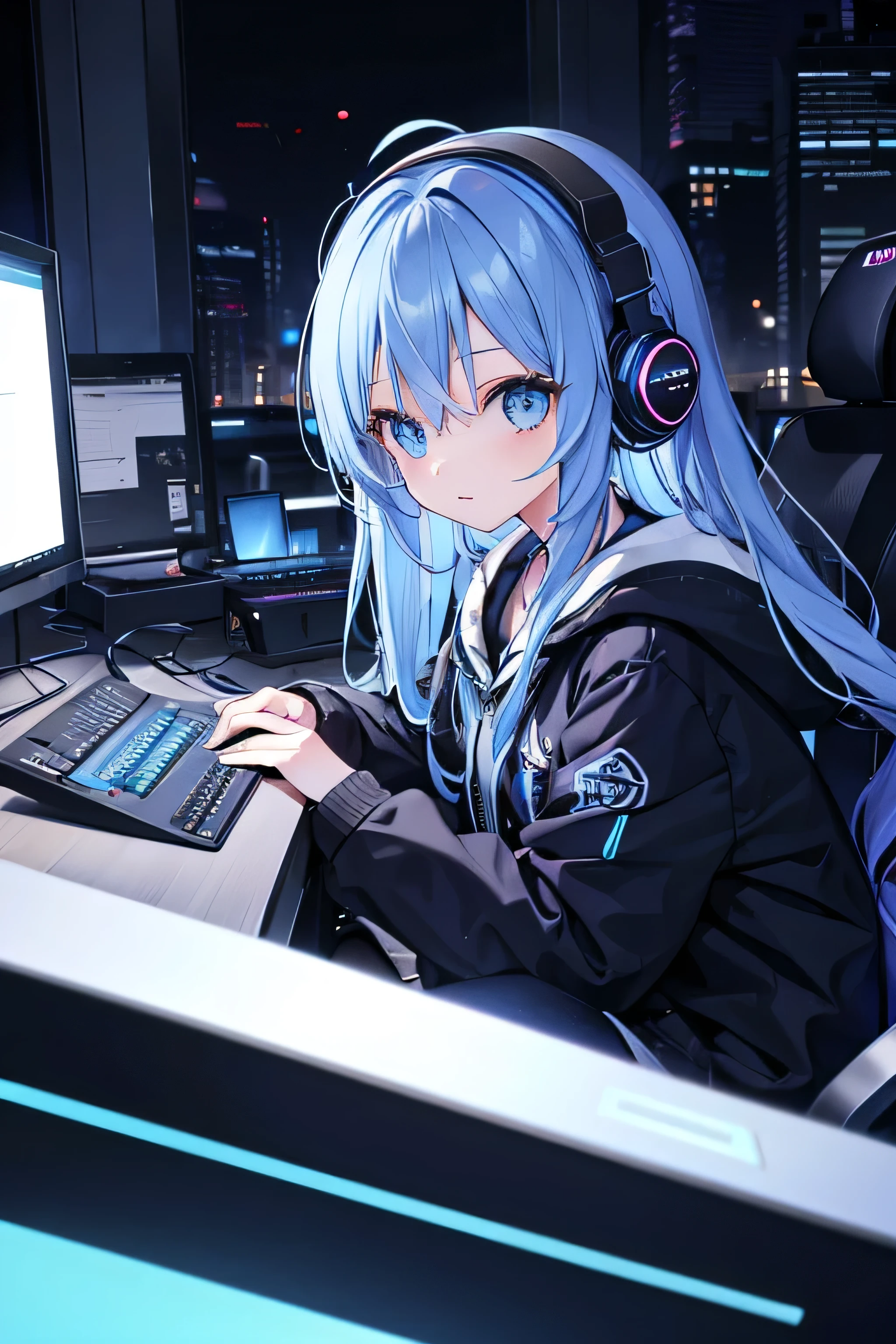 A girl wearing headphones is listening to music while operating a computer in a dark room、Oblique angle、Long blue hair
