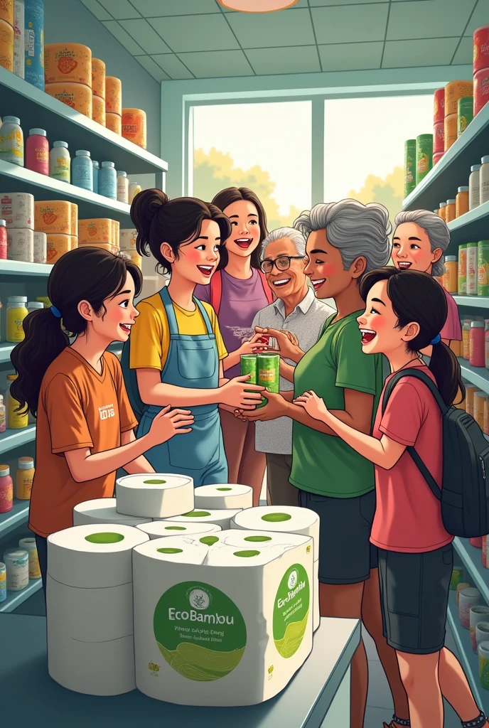 A minimarket in the toilet paper section, Many happy people wanting to buy toilet paper from the ecobambu brand, that the brand is seen