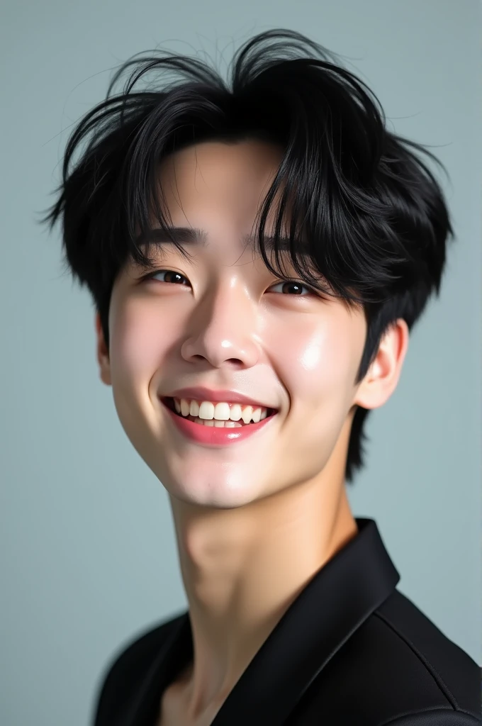 Young Korean man idol with black hair and Makeup, Nose Blush, Smile,