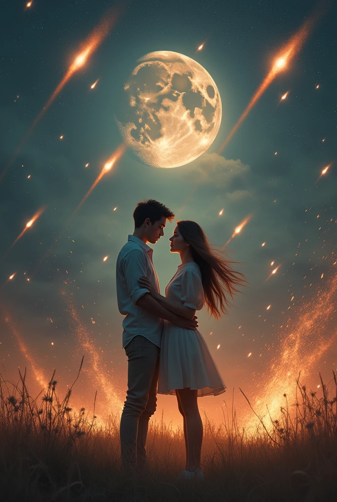 masterpiece, highest quality, Highest image quality, High resolution, photo realistic, Raw photo, full body photo, (night, giant Moon in the sky :1.4, outdoor, young man and beauty girl, man talking to girls, man put his hands on girl shoulder:1.4, man look at girl and girl look at man), many giant meteor strike on the ground, flying hair