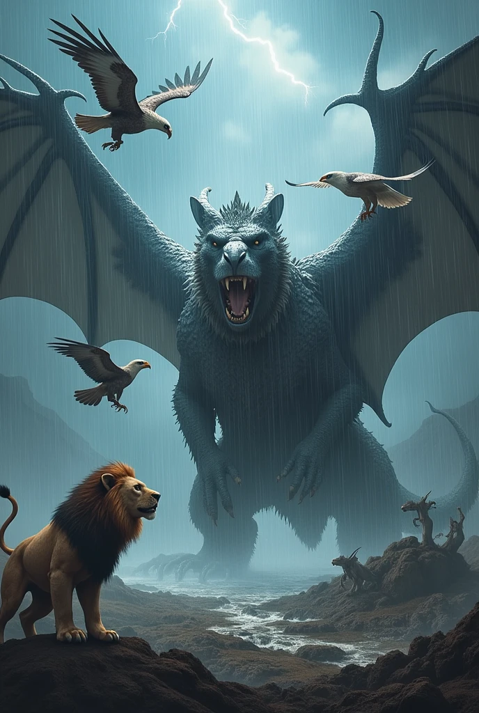 Dragon in eagle and lion in rain time fight with monster