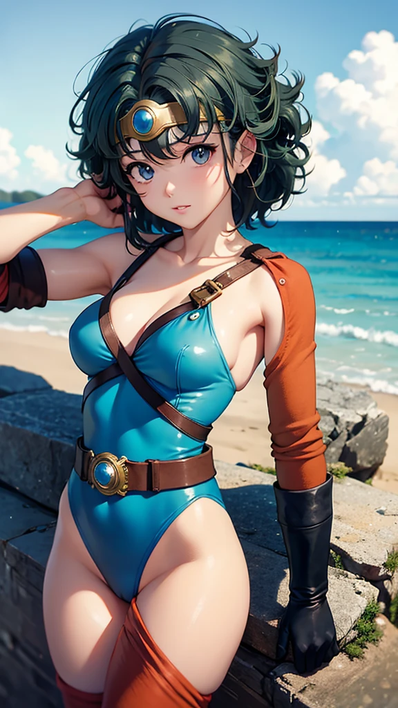 (((SFW、sound、Highest quality、Top notch work、Normal body、、Detailed face、Ultra-precision、Normal hand、Normal refer、5refer、Highest)))、beautiful girl、Black Hair、yamato nadeshiko、Small breasts、Shortcuts、Blue leotard、Shoulder Off、Red Cape、Circlet、Dragon Quest、Playing in the water at the beach