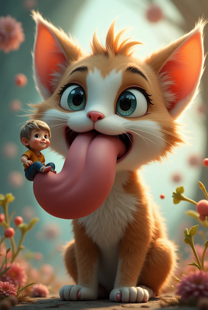 A furry ager cat with a kid sitting on the top his tongue