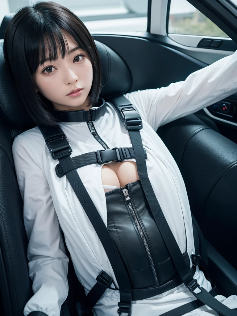 Japanese women,Black Hair,capsule,The person is completely secured in the seat with the backrest reclined by a thick harness belt.,Plump,Spread your legs,Squat,nude,Surrounded by switches and monitors,