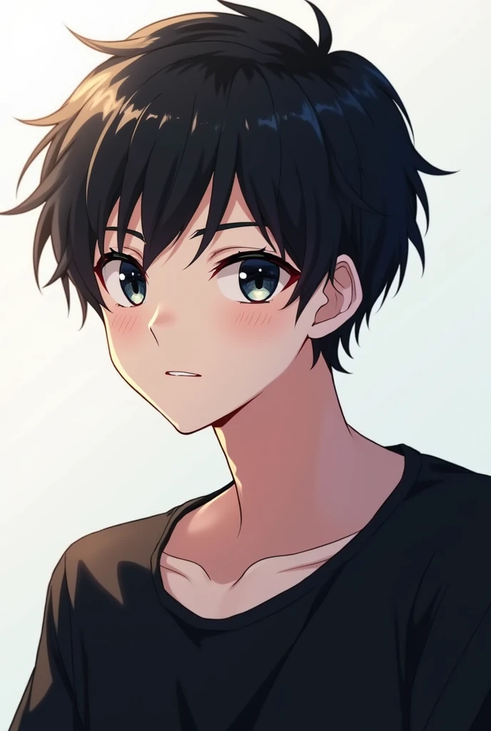 A anime boy image with black hair and eyes black t shirt white skin color