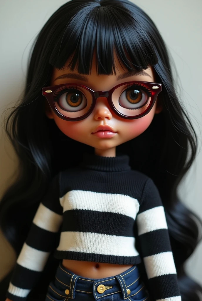 blythe doll , long wavy black hair , Brown eyes , brown skin , maroon glasses , black and white striped sweater