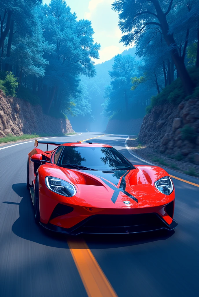 I want an image of red mark x car with blue trees on sides of road