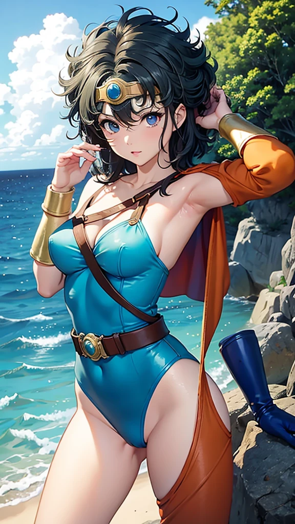 （（（ＳＦＷ、sound、Highest quality、Top notch work、Normal body、、Detailed face、Ultra-precision、Normal hand、Normal refer、５refer、Highest）））、beautiful girl、Black Hair、yamato nadeshiko、Small breasts、Shortcuts、Blue leotard、Shoulder Off、Red Cape、Circlet、Dragon Quest、Playing in the water at the beach