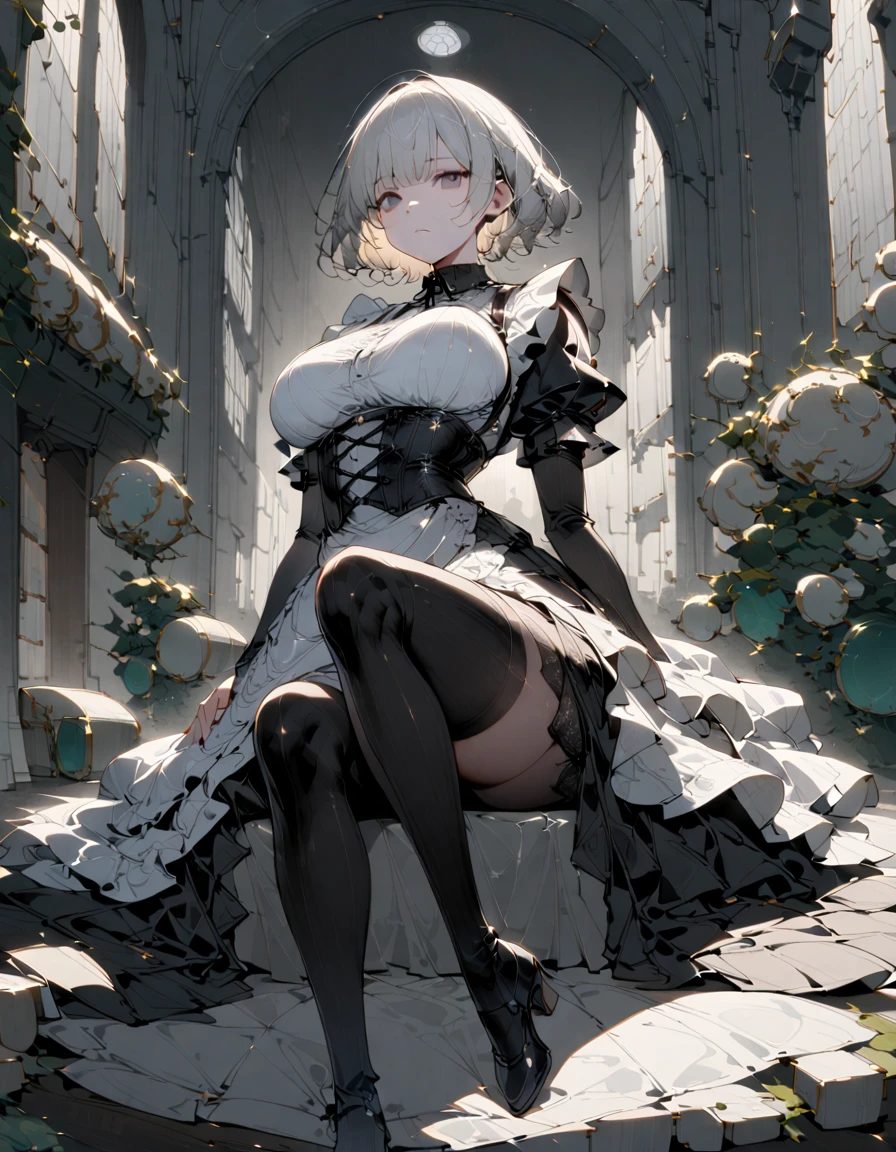 Young beautiful woman,(Highest quality,Extremely detailed depiction,Incredibly absurd high resolution,Anatomically accurate depiction,Curvy Legs,Shiny skin,Porcelain-like skin),(Black and white gothic maid outfit,Maid Skirt,corset,black tights,High heels),eyelash,(Silver Hair,Black Eyes,Eyes half closed:1.5,Large Breasts,Glossy black lips:1.2,Heavy makeup,Pottery vaseを手に持ち運んでいる:1.5),Sweat:0.8,(whole body),background:Bright corridor of the castle,Pottery vase,