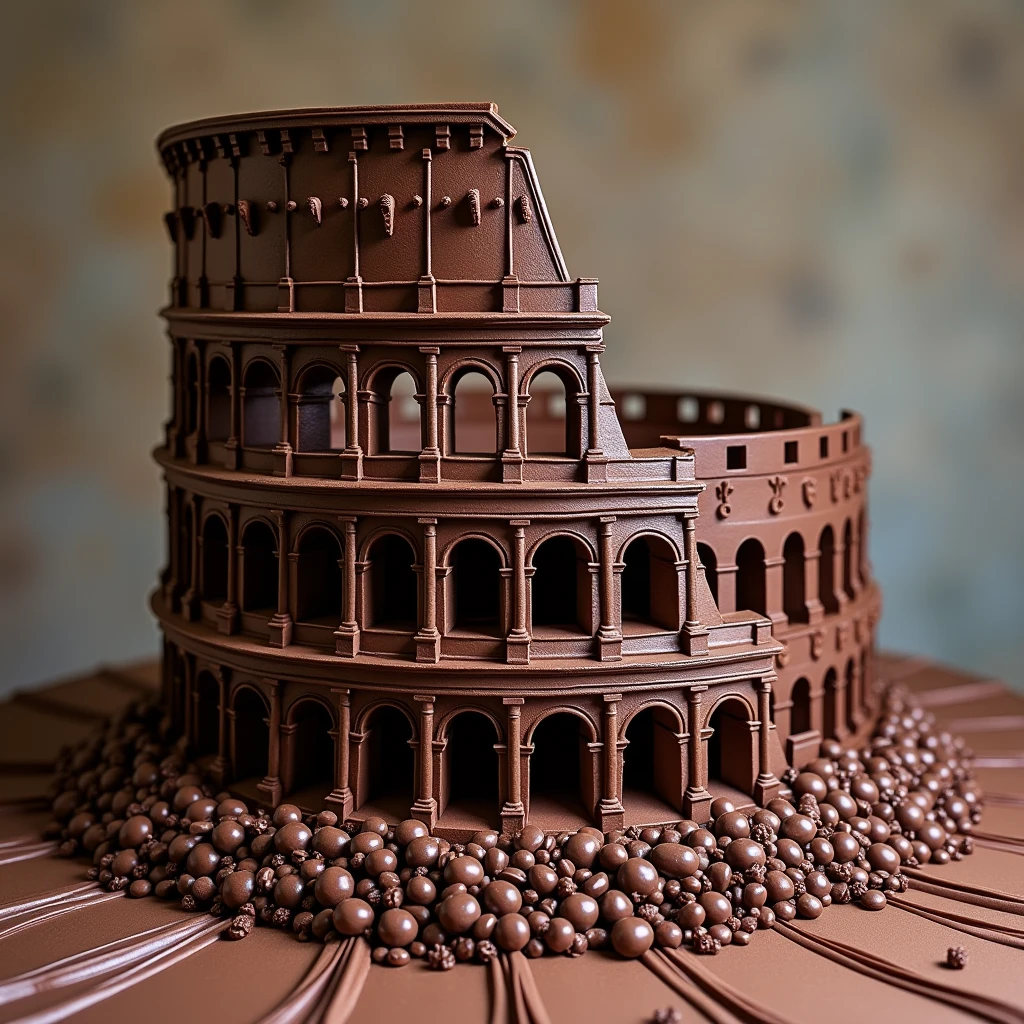 Could you imagine collosseum in italy as a big cake and please keep the real architecture towh chocolates falling outside