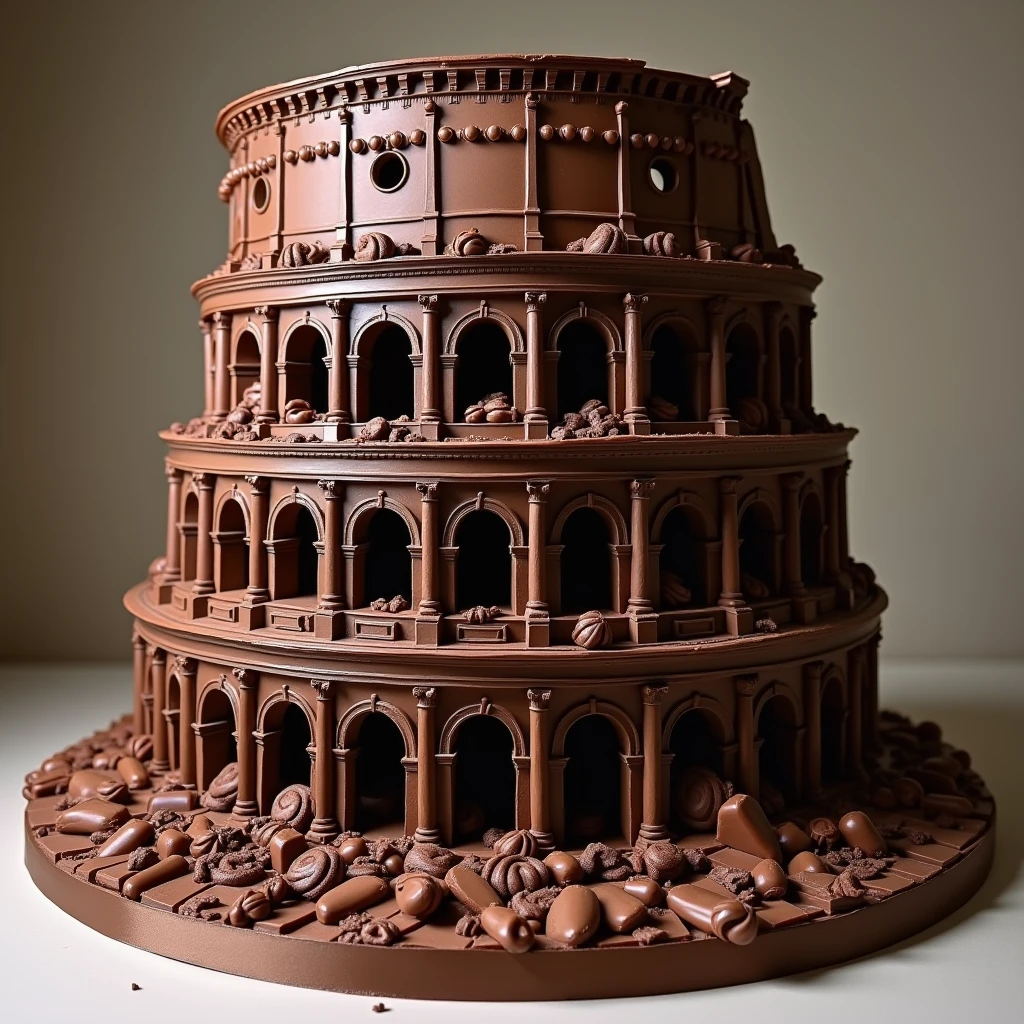 Could you imagine collosseum in italy as a big cake and please keep the real architecture towh chocolates falling outside